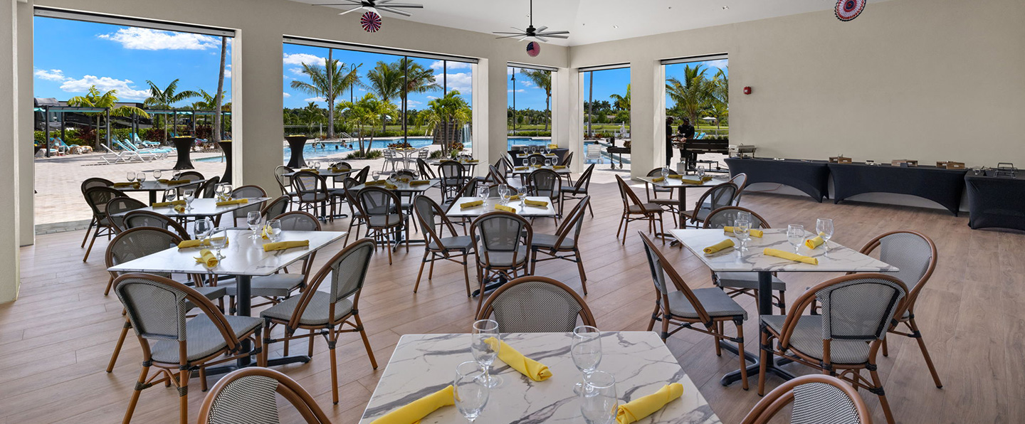 Dining room with view of pool